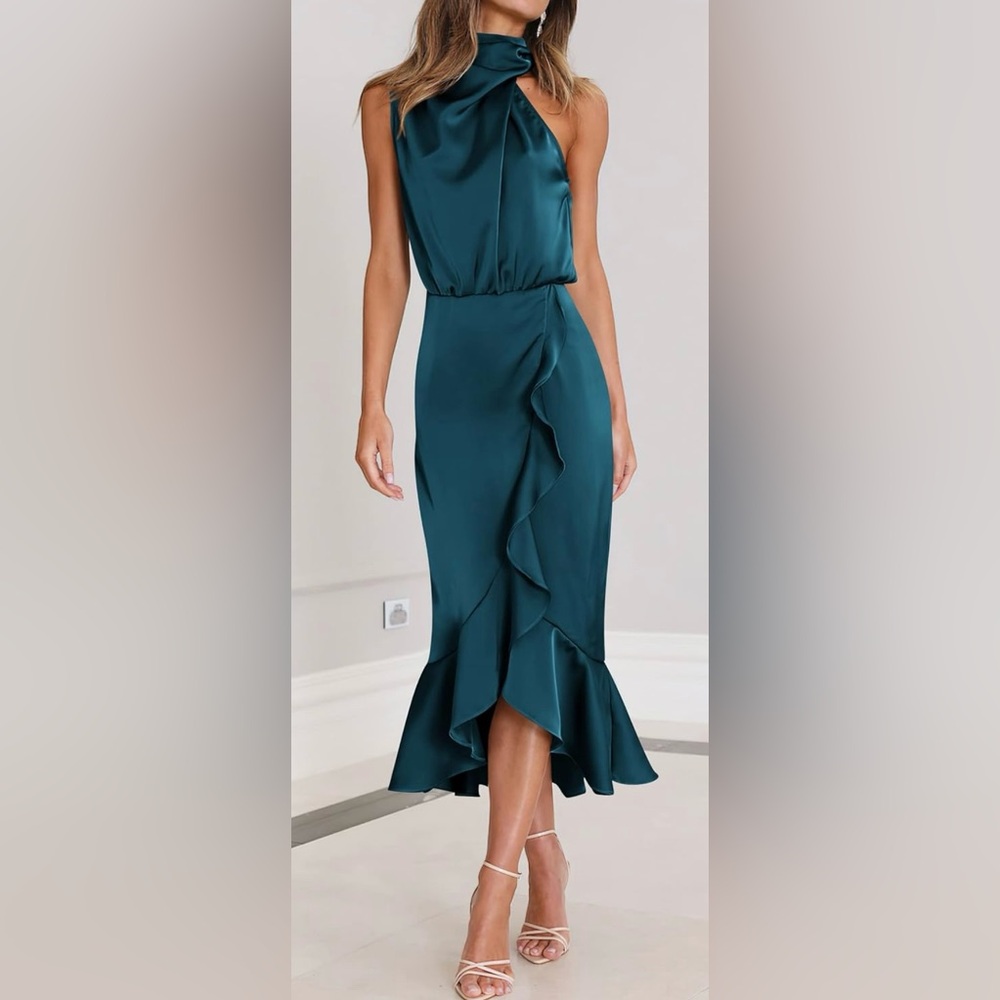 Kirundo satin mock neck satin sleeveless wrap ruffle dress
